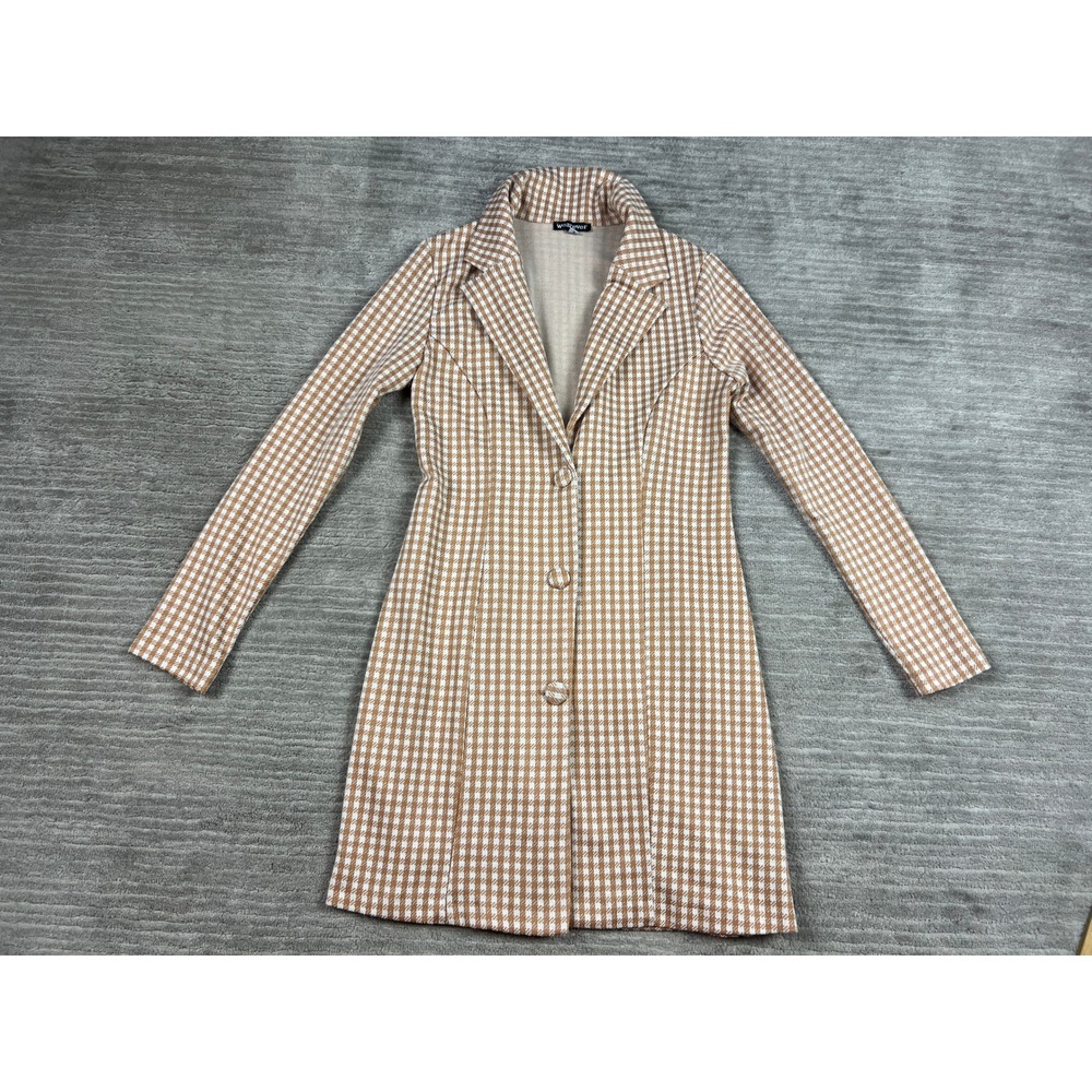 Wearever Blazer Women Medium Tan White Houndstooth Longline Knit 3-Button Jacket